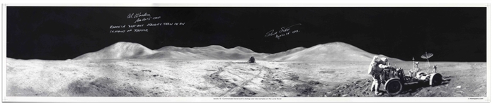 Al Worden & Dave Scott Signed Panoramic 40.5'' x 8.5'' Photo of the Moon's Surface -- Worden Additionally Writes His Famous Quote About Seeing Earth From the Moon
